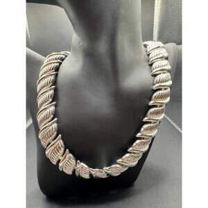 Vintage Napier Signed Chunky Silver Tone Textured Swirl Link Statement Necklace